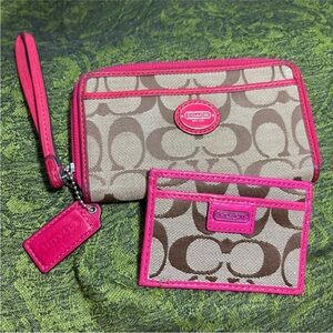Coach bundle pink tan signature canvas authentic y2k wristlet and card holder